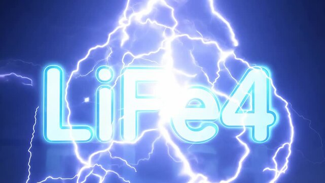 Glowing text LiFePo4 on a dark background, surrounded by electrical discharges