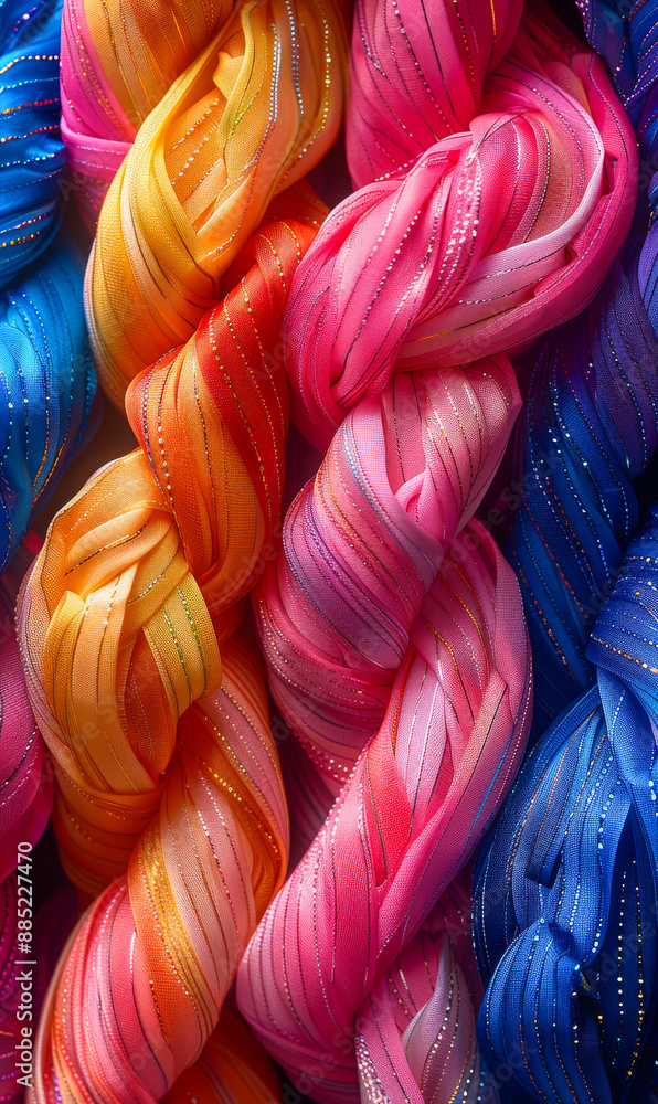 Poster a bunch of colorful yarns are displayed in a row. the colors are bright and vibrant, creating a chee