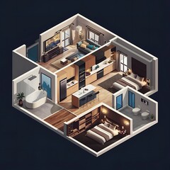 Isometric rooms. Designed house, living room kitchen bathroom bedroom toilet apartment interior with furniture 3d vector set. Kitchen isometric room