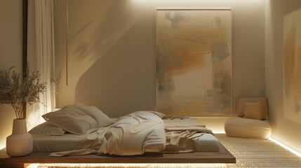 A minimalist bedroom with a floating bed, neutral-toned bedding, and a large abstract painting, illuminated by soft, indirect lighting.