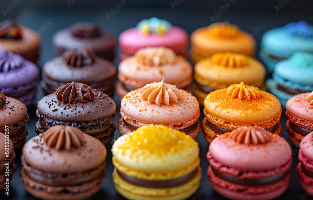 Poster a row of colorful macarons with different flavors and toppings