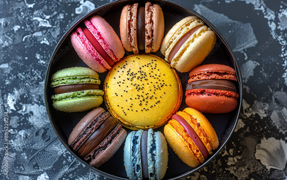 Poster a box of assorted colored macarons sits on a black table
