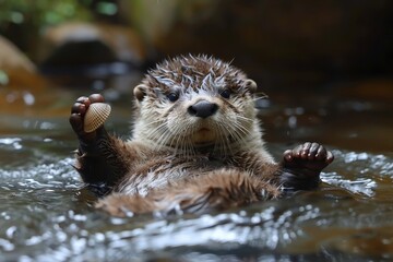 Obraz premium Baby Otter: A playful baby otter, floating on its back in a river, holding a clam. 