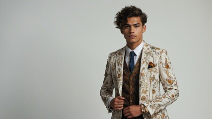 Fototapeta premium Young man wearing grooms bohemian style model posing on plain white background