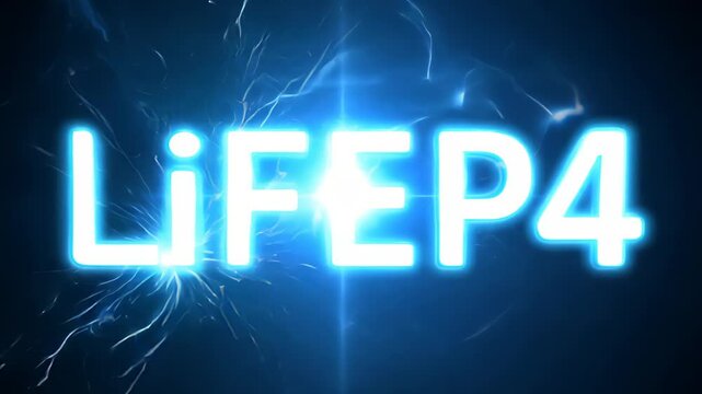Glowing text LiFePo4 on a dark background, surrounded by electrical discharges