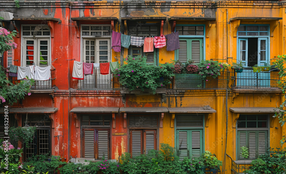 Poster a row of colorful buildings with green and yellow windows. the buildings are old and have a lot of c