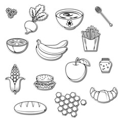 Stickers. Outline pictures of products. Vegetables and fruits. Black outline. Corn. Burger. Spoon for honey. Honeycombs. Radish. Apple. A plate of porridge. Flowers. Bananas. Croissant. Orange. Bread.