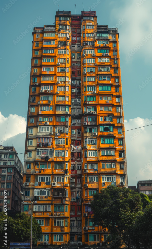 Poster a tall building with many windows and a yellow color. the building is surrounded by trees and has a 