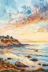 A cozy scene of the Pacific shore with vintage charm, featuring saltwater tide pools and marine life, under a tranquil evening sky, Vintage, Watercolor