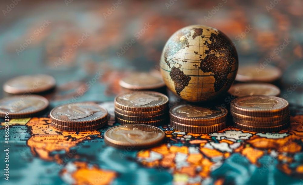 Aufkleber a globe sits on a table with a pile of coins. the coins are of various sizes and colors, and they ar