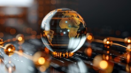 Dynamic illustration of a digital globe surrounded by data nodes, symbolizing global connectivity, information exchange, and digital economy. Illustration, Image, , Minimalism,