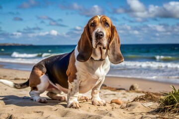 dog on the beach, basset hound on the beach