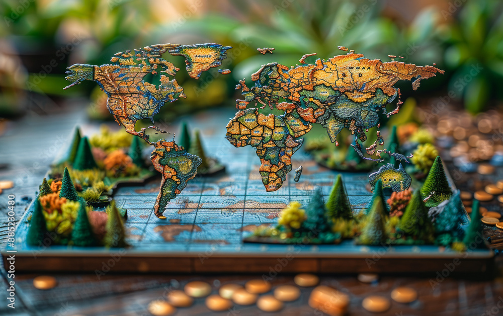 Poster a small model of the world with trees and a map. the map is made of wood and has a blue background