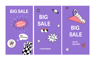 Trendy contemporary sale banner with y2k elements and antique sculptures. Geometry shapes, psychedelic and surrealism elements ad background.