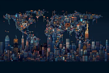 A pixel art world map is formed by a dense cityscape with lights illuminating the buildings. Generative AI