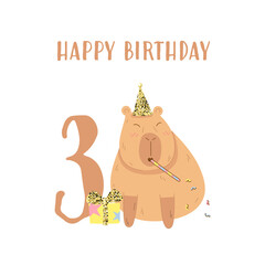 Vector cute capybara celebrates birthday, postcard with third year