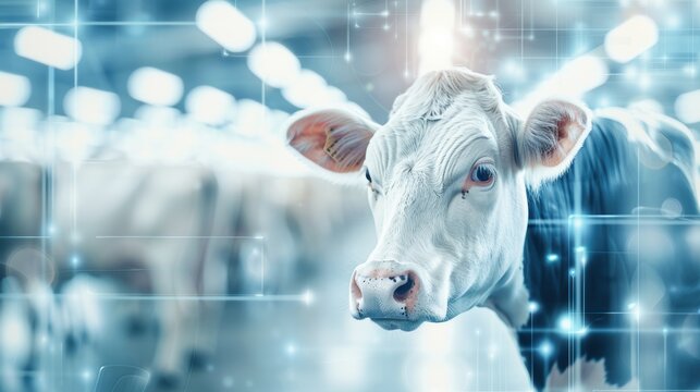 Double exposure of a dairy cow standing overlaid with a milking parlor, symbolizing dairy production