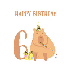 Vector cute capybara celebrates birthday, postcard with sixth year