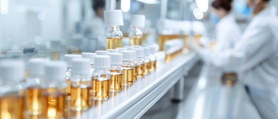 A quality control station in a cosmetics manufacturing plant, with workers meticulously inspecting luxury beauty products