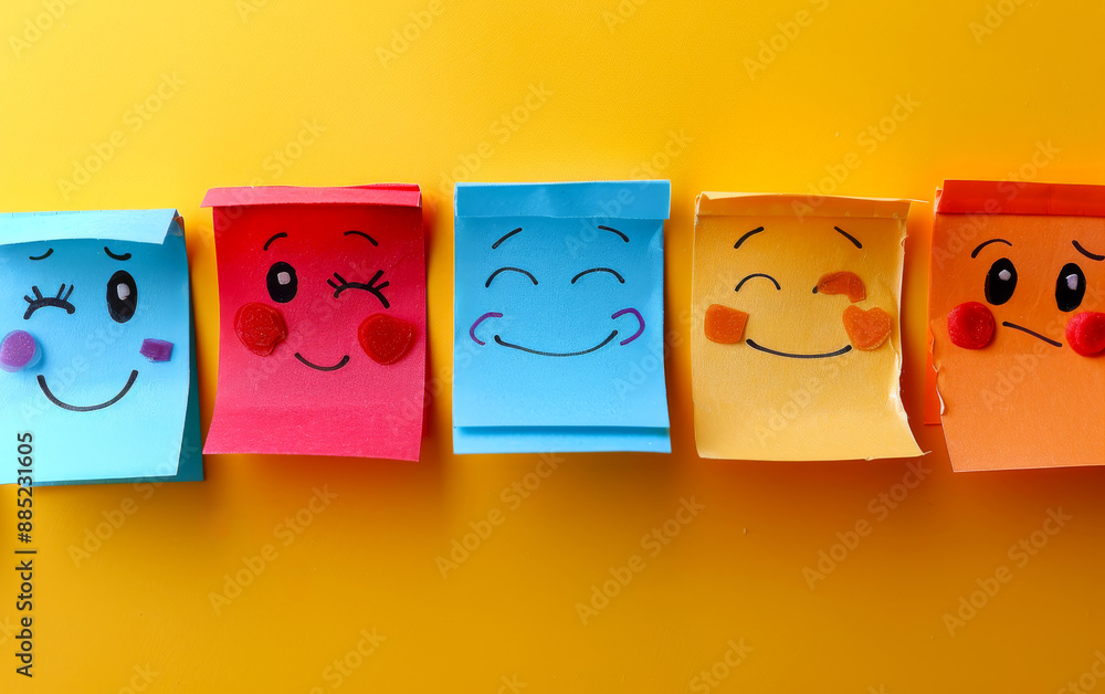 Poster a row of colorful sticky notes with smiling faces on them