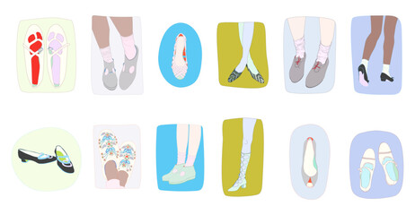 Isolated Vector Set of 12 One-Scene Illustration for Vintage Footwear and Shoes Fashion Magazine Illustrated Design Elements