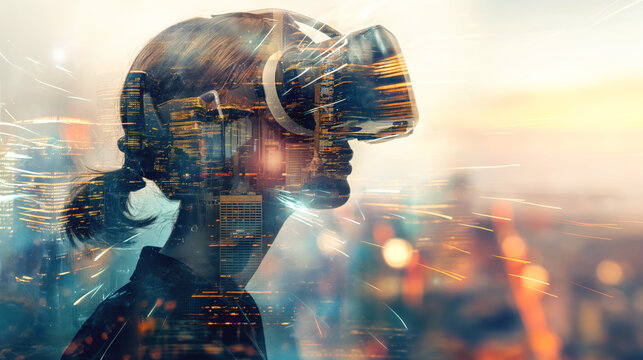 Double exposure of a woman wearing virtual reality headset with futuristic cityscape overlay, representing technology immersion and digital future.