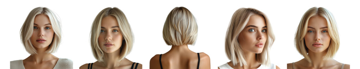 Naklejka premium Set of woman blonde hair with bob haircut transparent background, ai technology