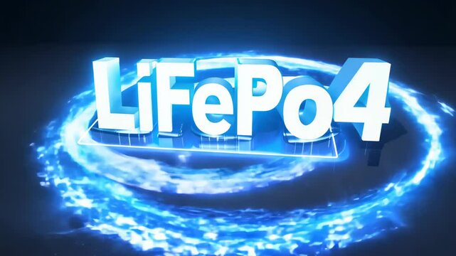 Glowing text LiFePo4 on a dark background, surrounded by electrical discharges