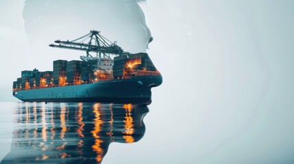 A double exposure of a cargo ship and a businessman's face, symbolizing global logistics and trade