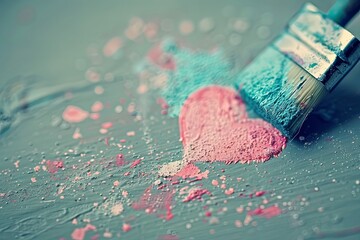A paintbrush with blue paint is painting a pink heart onto a green canvas. Generative AI