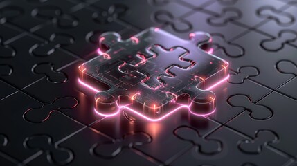 Abstract design of a digital puzzle with interconnected pieces, symbolizing integration, compatibility, and system interoperability. Illustration, Image, , Minimalism,