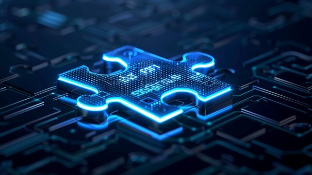 Abstract design of a digital puzzle with interconnected pieces, symbolizing integration, compatibility, and system interoperability. Illustration, Image, , Minimalism,