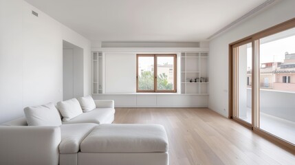 A bright, minimal living room with large windows, a low-profile couch, and a single bookshelf against a white wall