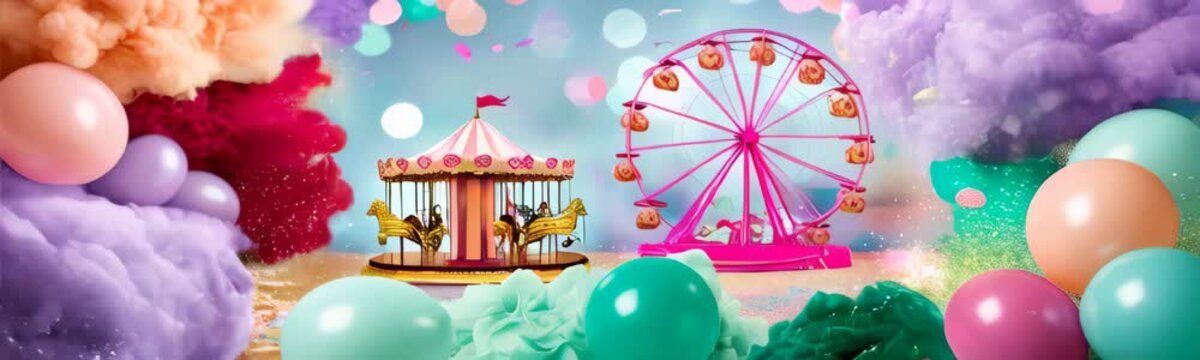 Easter greeting card web banner. Decorated Easter eggs against carnival scene with ferris wheel and colorful carousel background. Spring holiday copy space background