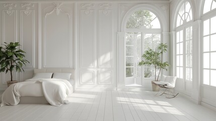 Elegant bedroom with classical architectural elements, featuring ornate wall paneling, tall arched windows, French doors, white bedding, potted plant, and a modern rocking chair.