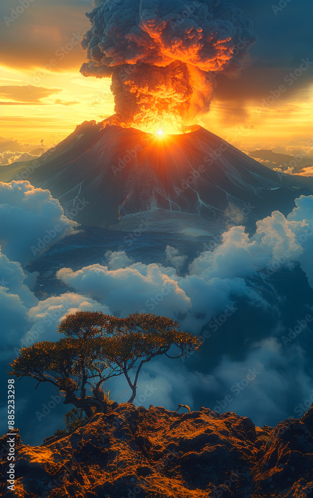 Poster a volcano erupts with a tree in the foreground. the sky is filled with clouds and the sun is setting