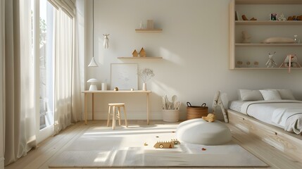 A childrens room with a minimalist design including
