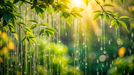 Serene summer rain shower captures delicate raindrops suspended in air, illuminated by warm sunlight, against a soft green leafy background.