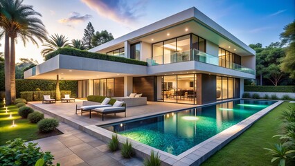 Obraz premium Sleek modern villa with expansive swimming pool, lavish outdoor spaces, and intricate architectural details set amidst lush greenery backdrop.