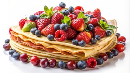 Delicate French-inspired crepe overflowing with juicy mixed berries on a crisp white background, perfect for culinary themed visuals.