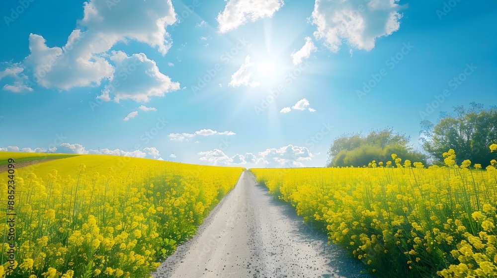 Sticker the road through a field of blooming rapeseed