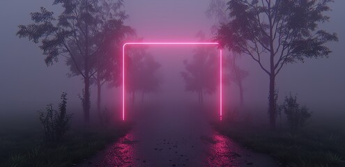 A glowing pink neon box in the middle of a foggy street