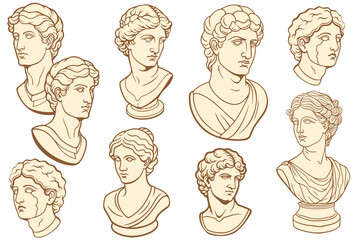 Set of plaster bust of Greek gods. Female and male bust. Sculpture.