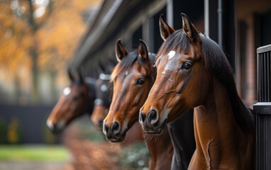 Fototapeta premium Three brown horses standing next to each other in a pen. The horses are all facing the same direction