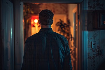 A man in a dark jacket walks through a doorway into a dimly lit room with a glowing light source in the background. Generative AI