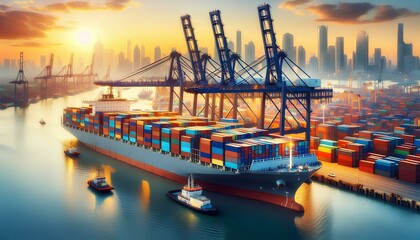 Naklejka premium Vast Container Port with Numerous Cargo Ships, Cranes, and Colorful Containers in a Bustling Maritime Trade and Logistics Hub at Sunrise. Aerial View of Container Ships Being Loaded at a Busy Port.