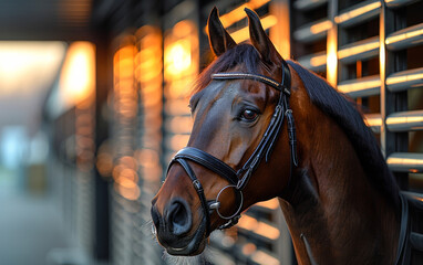 A brown horse with a black bridle and a black nose. The horse is standing in front of a wall with a window