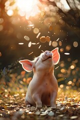 piggy catches coins. selective focus