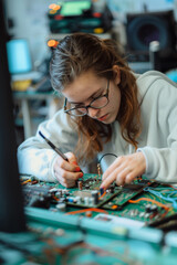 High school teenage student working on a computer board in the lab, using tools to repair an electrical device and chips.