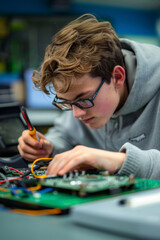 High school teenage boy student working on a computer board in the laboratory, using tools to repair an electrical device and chips.